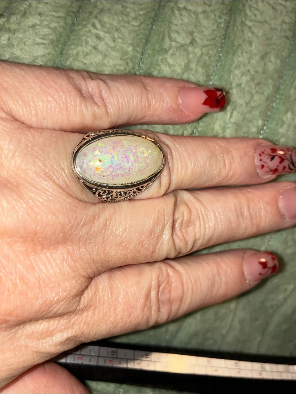 Source Unknown Oval Iridescent Opal-Style Filigree Ring with Multicolor Flash